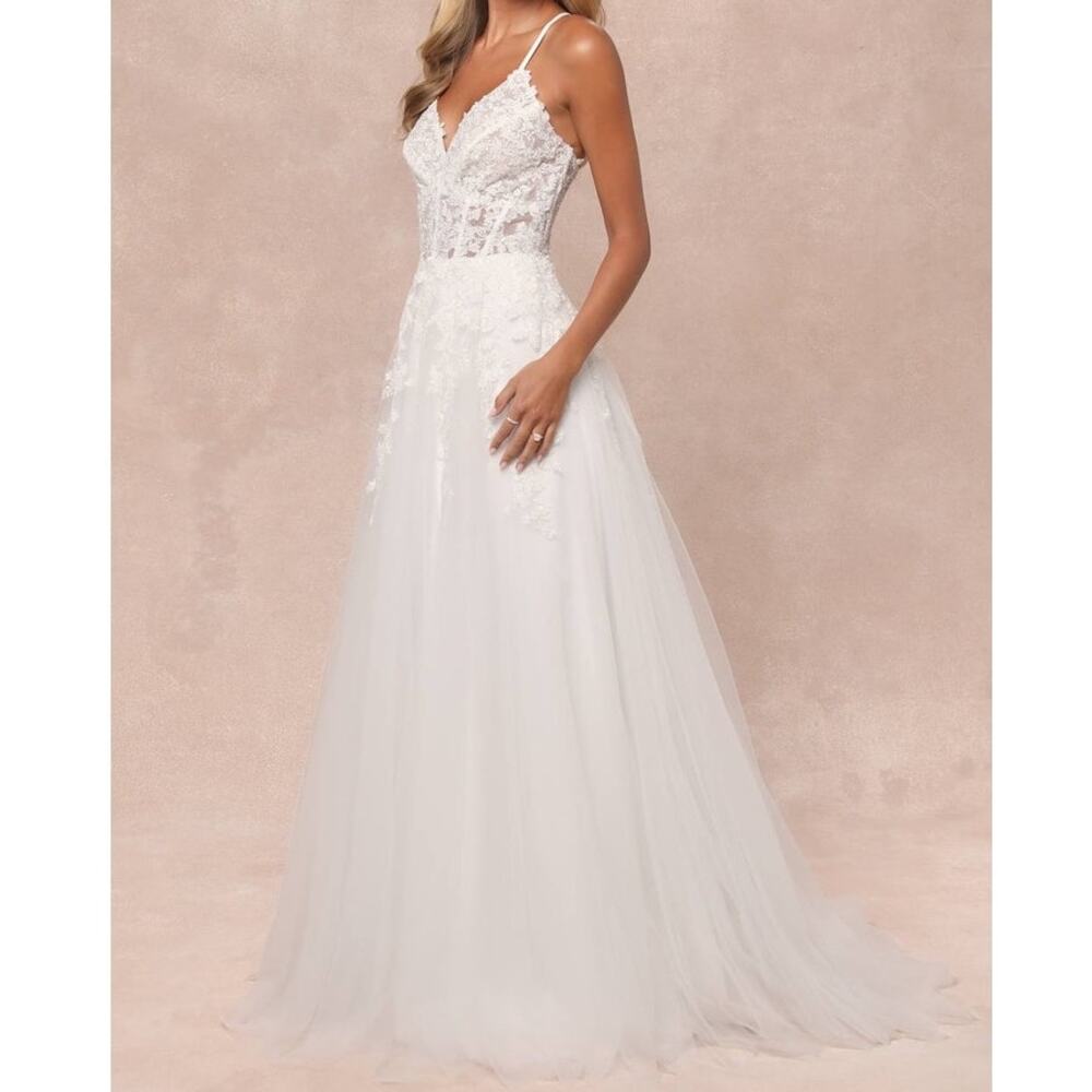 NEW Lulus Bridal Glorious Luxury White Sheer Tulle Embroidered Beaded Maxi Gown